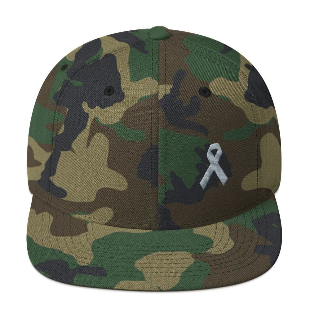 Parkinsons Awareness & Brain Tumor Awareness Flat Brim Snapback Hat with Grey Ribbon - One-size / Green Camo - Hats