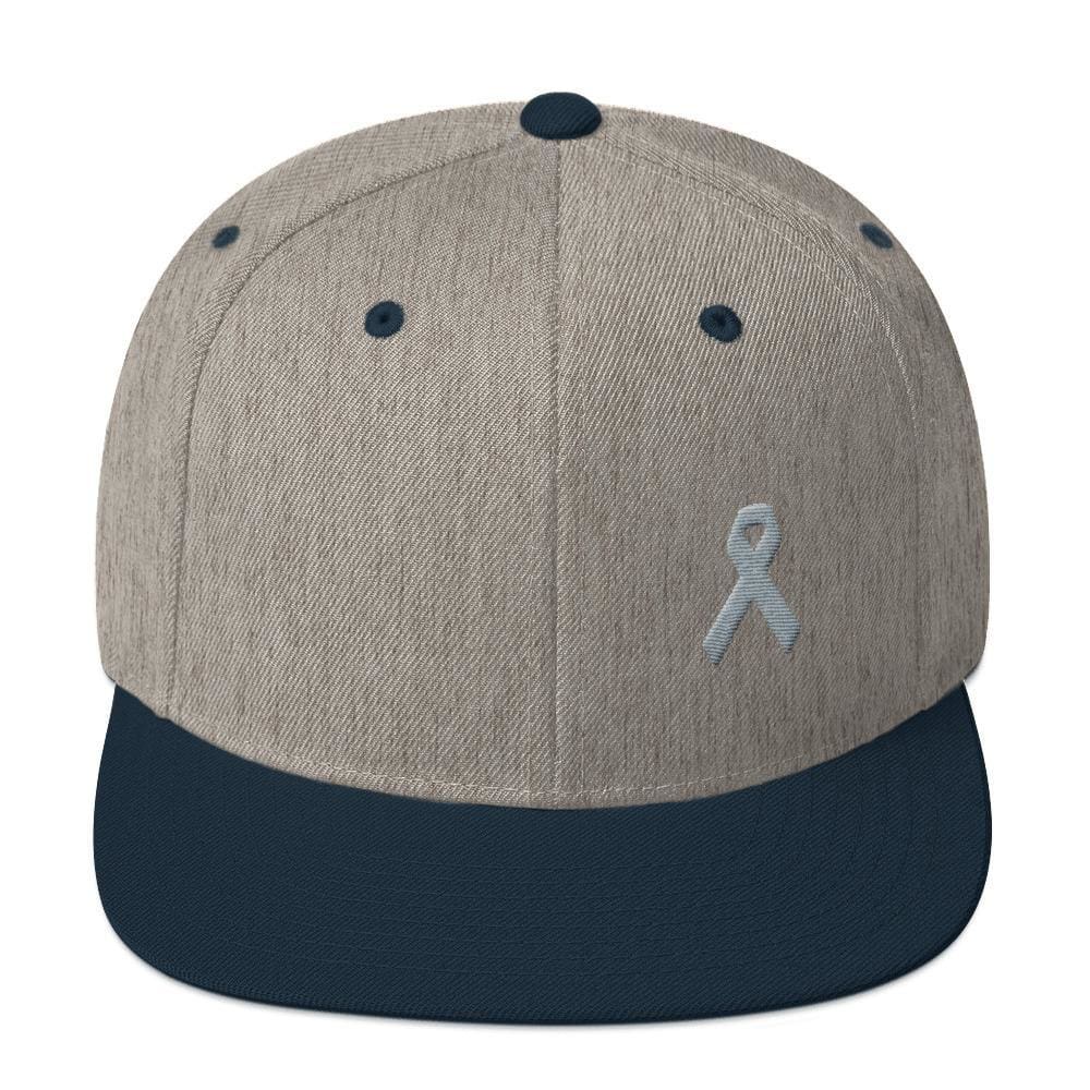 
            
                Load image into Gallery viewer, Parkinsons Awareness &amp;amp; Brain Tumor Awareness Flat Brim Snapback Hat with Grey Ribbon - One-size / Heather Grey/ Navy - Hats
            
        