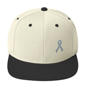 
            
                Load image into Gallery viewer, Parkinsons Awareness &amp;amp; Brain Tumor Awareness Flat Brim Snapback Hat with Grey Ribbon - One-size / Natural/ Black - Hats
            
        