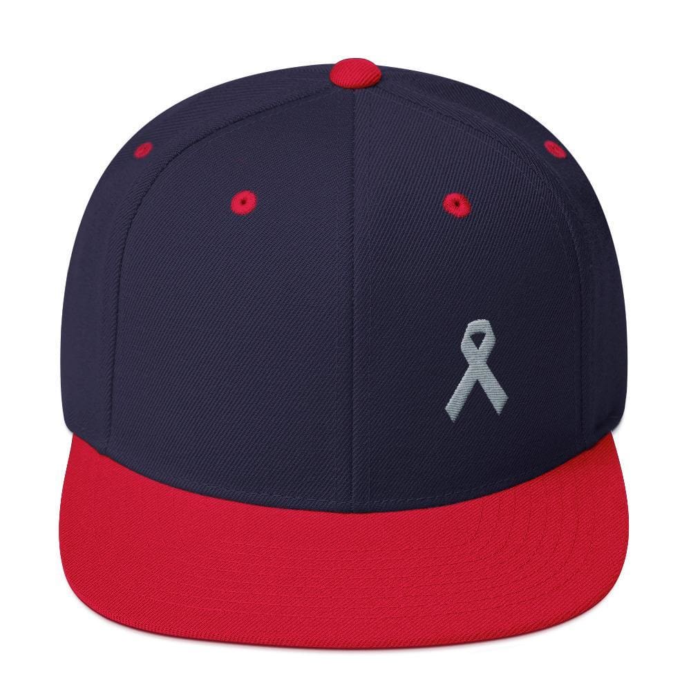 
            
                Load image into Gallery viewer, Parkinsons Awareness &amp;amp; Brain Tumor Awareness Flat Brim Snapback Hat with Grey Ribbon - One-size / Navy/ Red - Hats
            
        