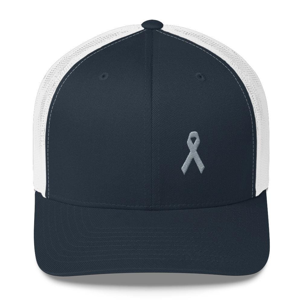 Parkinsons Awareness & Brain Tumor Awareness Snapback Trucker Hat with Grey Ribbon - One-size / Navy/ White - Hats