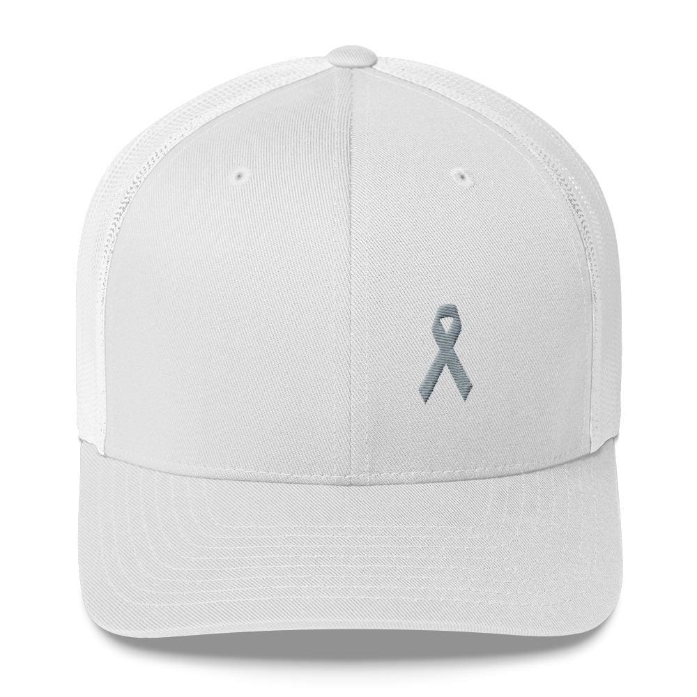 
            
                Load image into Gallery viewer, Parkinsons Awareness &amp;amp; Brain Tumor Awareness Snapback Trucker Hat with Grey Ribbon - One-size / White - Hats
            
        