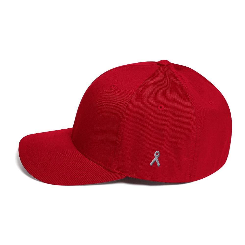 Parkinsons Awareness & Brain Tumor Awareness Twill Flexfit Fitted Hat with Grey Ribbon on the Side - Red / S/M - Hats