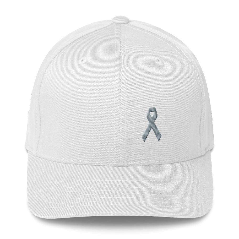 Parkinsons Awareness & Brain Tumor Awareness Twill Flexfit Fitted Hat With Grey Ribbon - S/m / White - Hats