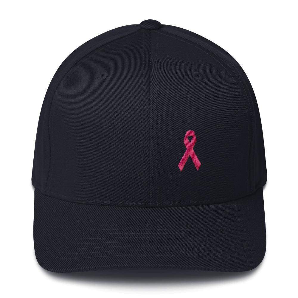 Pink Ribbon Fitted Flexfit Hat - Breast Cancer Awareness Hat - S/m / Dark Navy - Hats