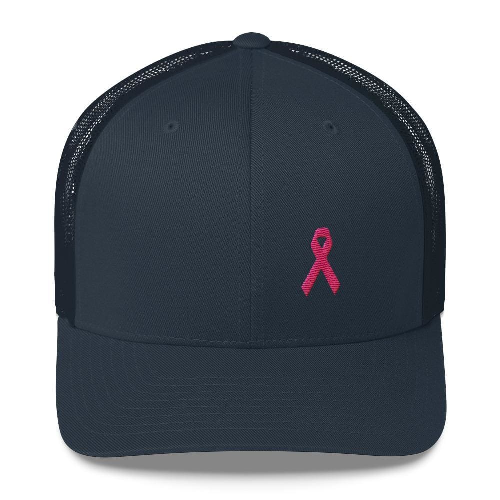 Pink Ribbon Snapback Trucker Hat - Breast Cancer Awareness Trucker - One-size / Navy - Hats