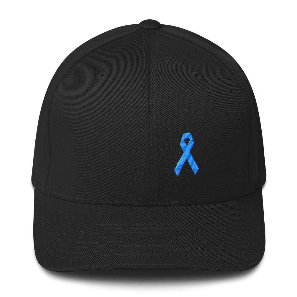 Prostate Cancer Awareness Fitted Hat With Light Blue Ribbon - S/m / Black - Hats