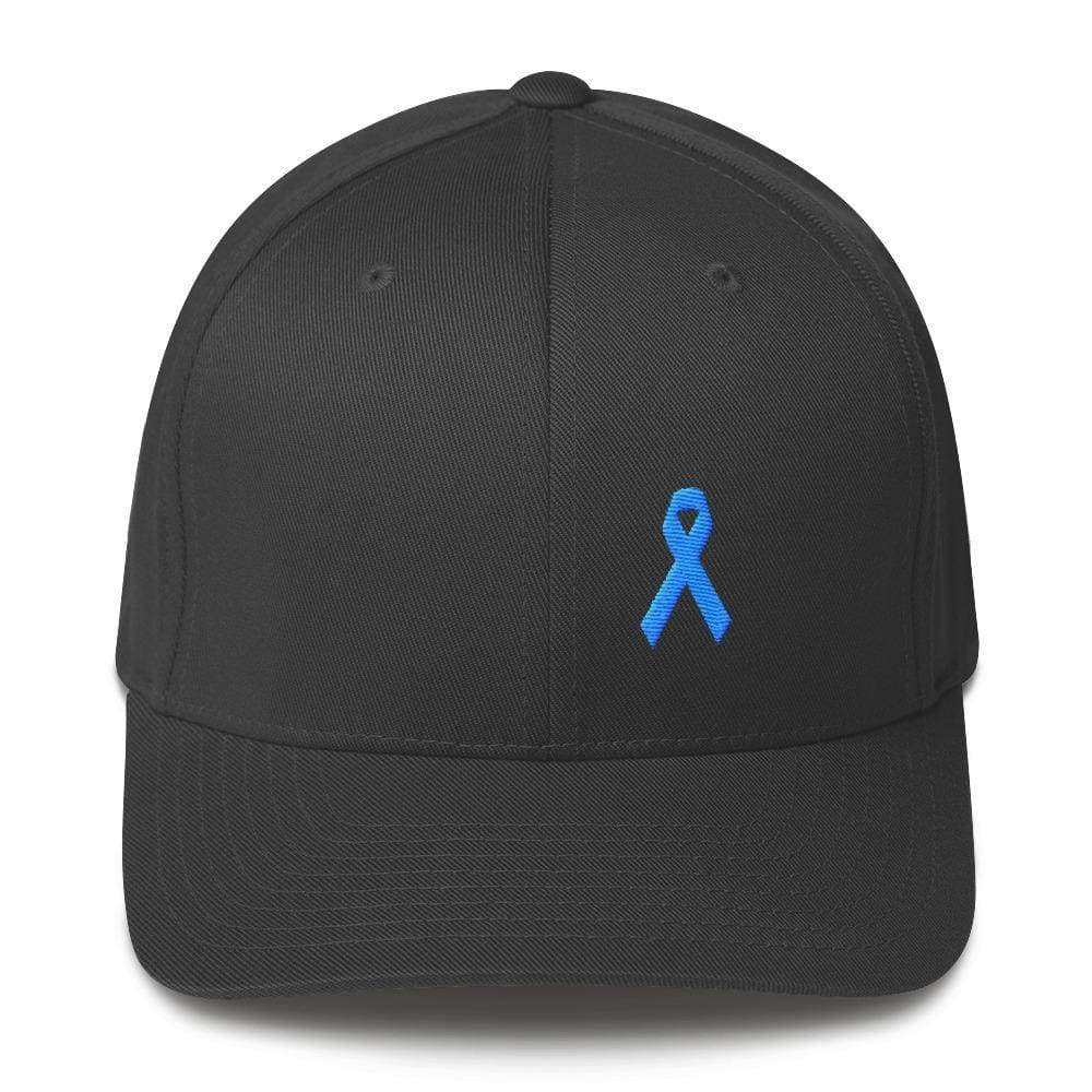 Prostate Cancer Awareness Fitted Hat With Light Blue Ribbon - S/m / Dark Grey - Hats