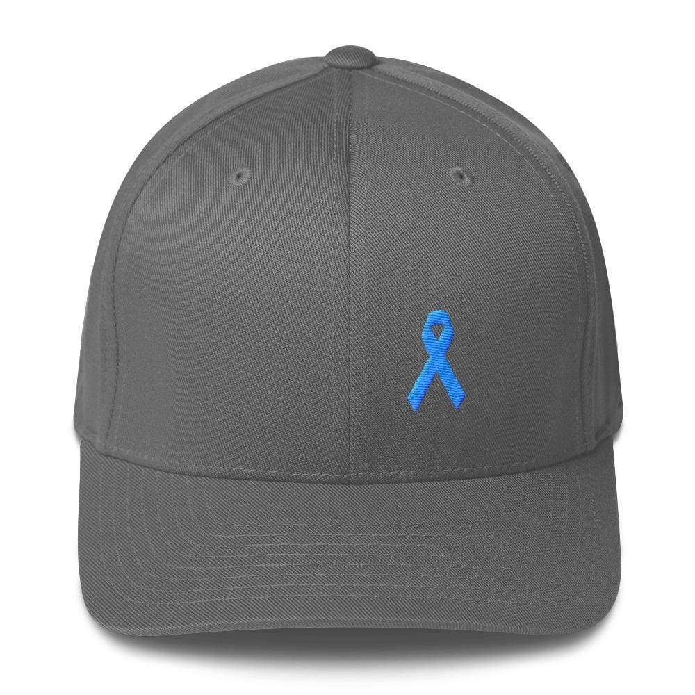 Prostate Cancer Awareness Fitted Hat With Light Blue Ribbon - S/m / Grey - Hats