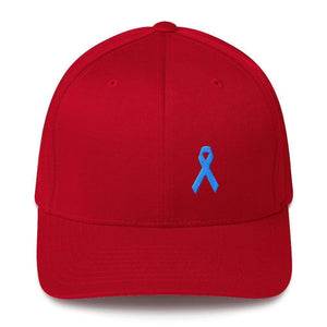 Prostate Cancer Awareness Fitted Hat With Light Blue Ribbon - S/m / Red - Hats