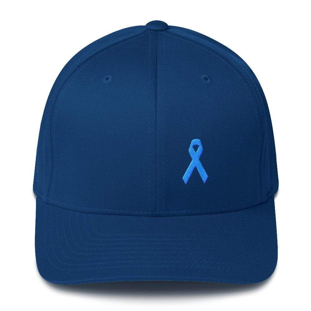 Prostate Cancer Awareness Fitted Hat With Light Blue Ribbon - S/m / Royal Blue - Hats
