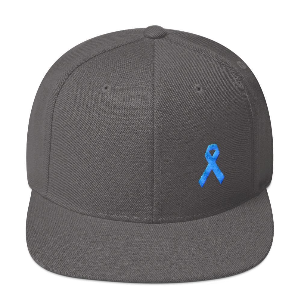 Prostate Cancer Awareness Flat Brim Snapback Hat with Light Blue Ribbon - One-size / Dark Grey - Hats