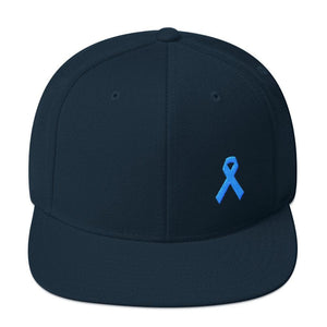 Prostate Cancer Awareness Flat Brim Snapback Hat with Light Blue Ribbon - One-size / Dark Navy - Hats