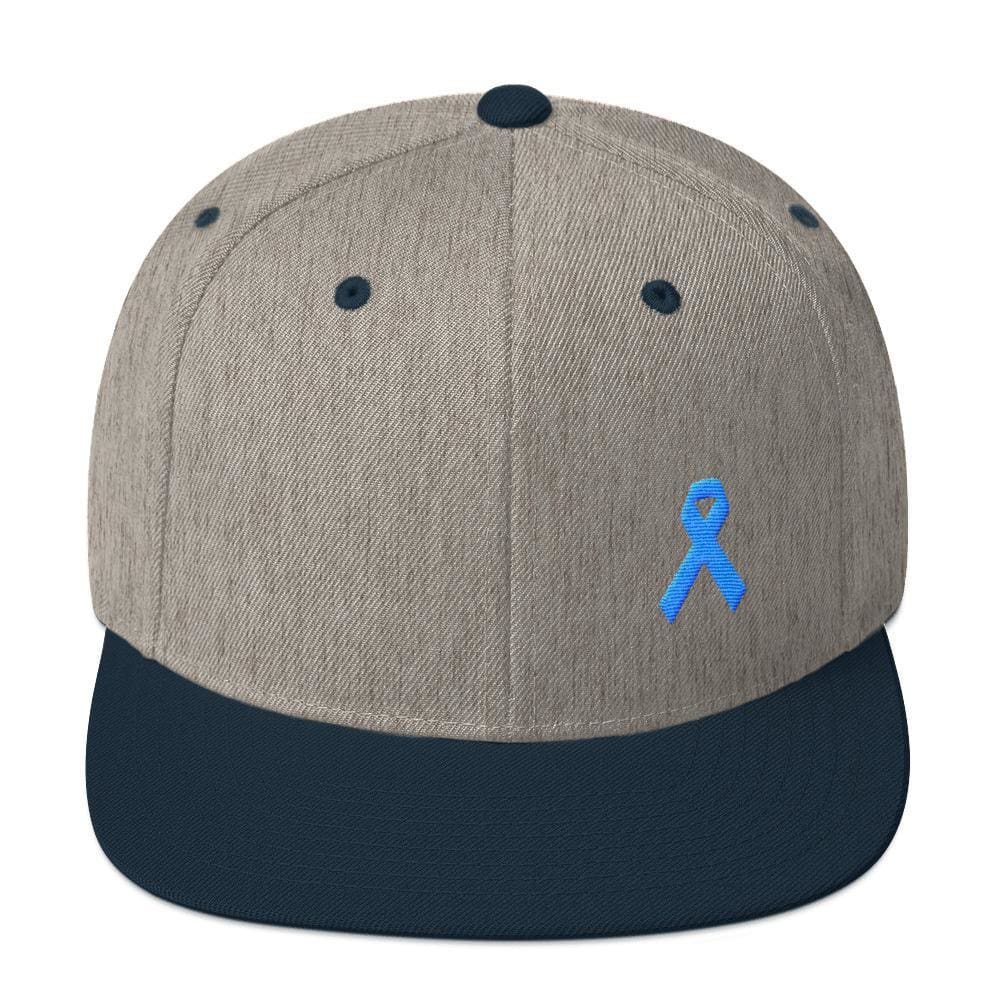 Prostate Cancer Awareness Flat Brim Snapback Hat with Light Blue Ribbon - One-size / Heather Grey/ Navy - Hats