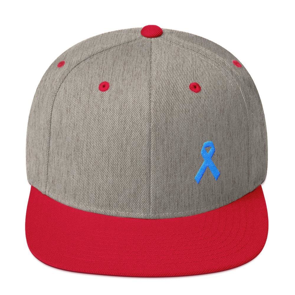Prostate Cancer Awareness Flat Brim Snapback Hat with Light Blue Ribbon - One-size / Heather Grey/ Red - Hats
