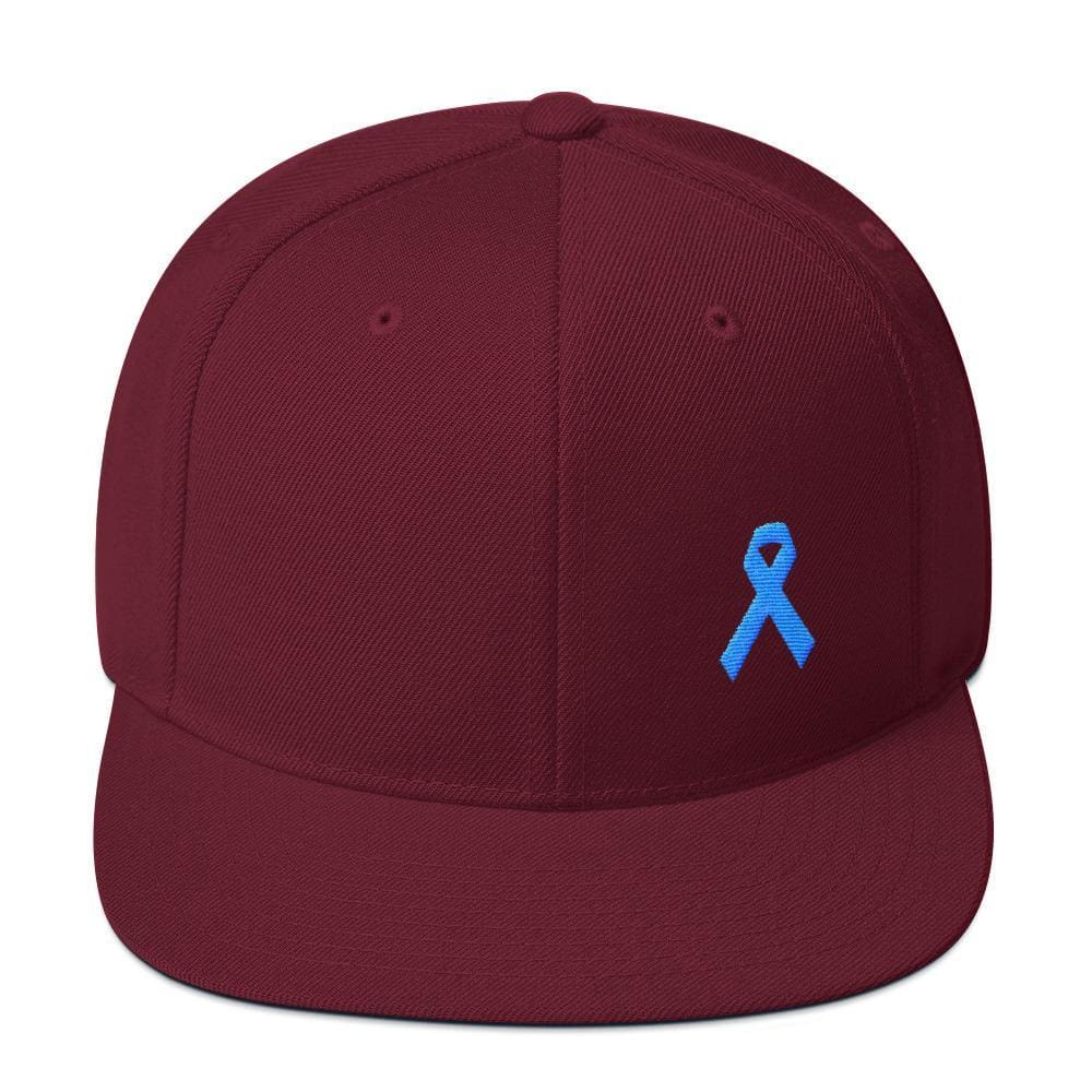 Prostate Cancer Awareness Flat Brim Snapback Hat with Light Blue Ribbon - One-size / Maroon - Hats