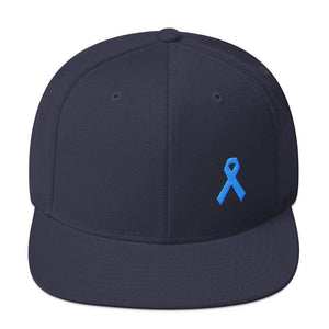 Prostate Cancer Awareness Flat Brim Snapback Hat with Light Blue Ribbon - One-size / Navy - Hats