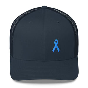 
            
                Load image into Gallery viewer, Prostate Cancer Awareness Snapback Trucker Hat with Light Blue Ribbon - One-size / Navy - Hats
            
        