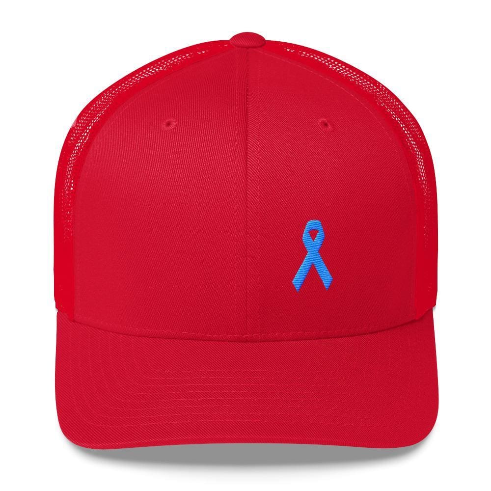 
            
                Load image into Gallery viewer, Prostate Cancer Awareness Snapback Trucker Hat with Light Blue Ribbon - One-size / Red - Hats
            
        