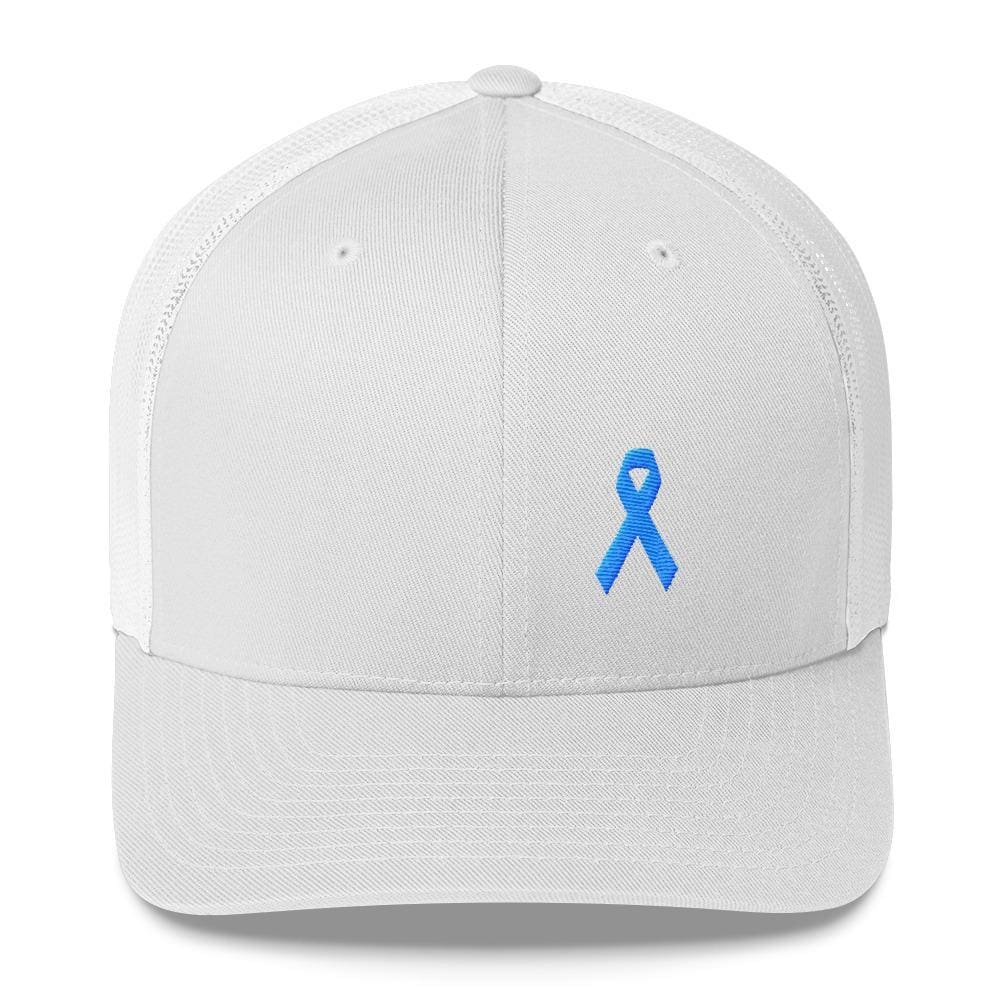 Prostate Cancer Awareness Snapback Trucker Hat with Light Blue Ribbon - One-size / White - Hats