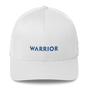 
            
                Load image into Gallery viewer, Warrior &amp;amp; Colon Cancer Awareness Fitted Twill Baseball Hat With Dark Blue Ribbon - S/m / White - Hats
            
        