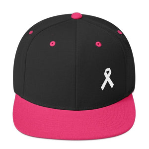 
            
                Load image into Gallery viewer, White Awareness Ribbon Flat Brim Snapback Hat - One-size / Black/ Neon Pink - Hats
            
        
