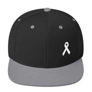 White Awareness Ribbon Flat Brim Snapback Hat - One-size / Black/ Silver - Hats