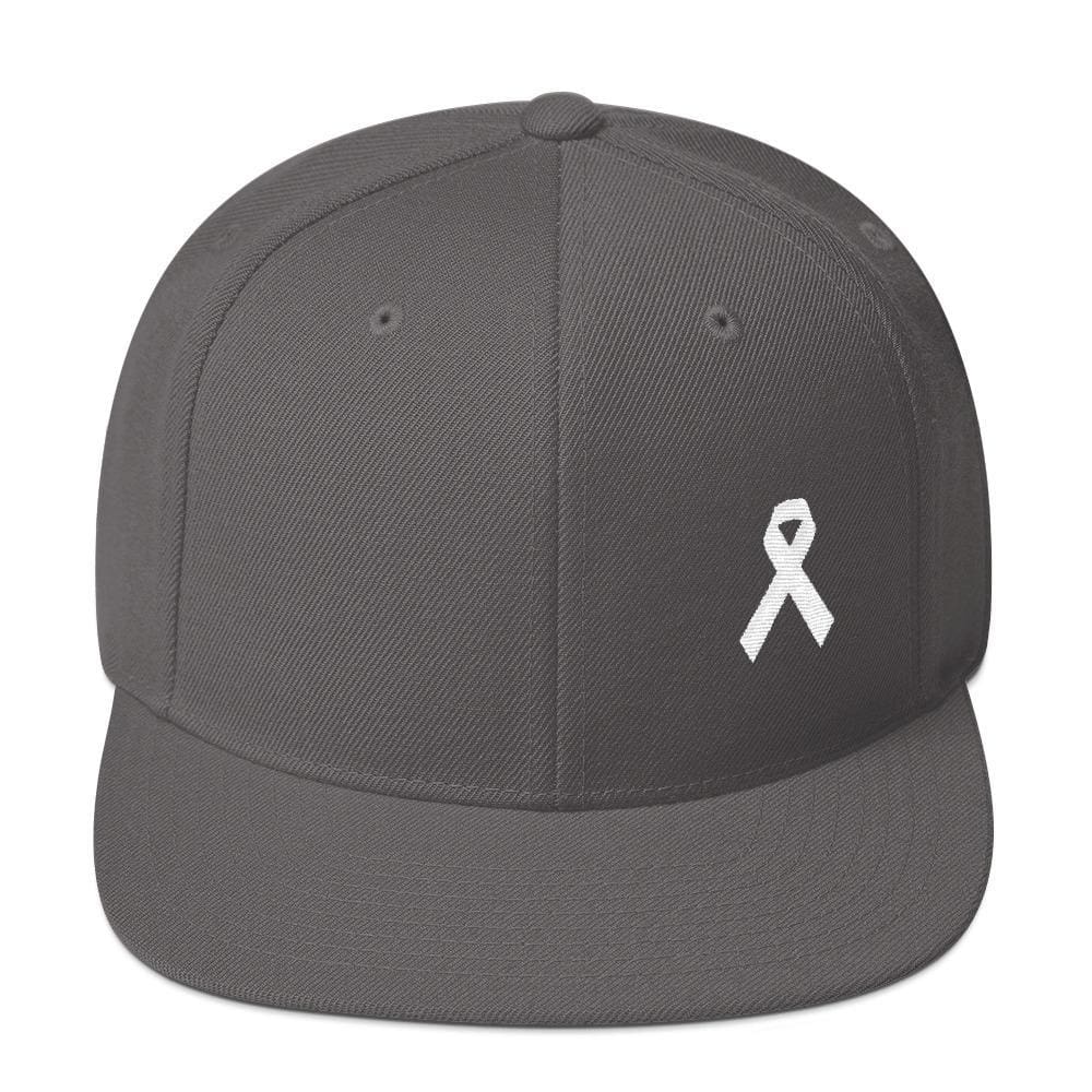 White Awareness Ribbon Flat Brim Snapback Hat - One-size / Dark Grey - Hats