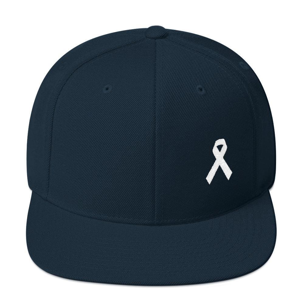 White Awareness Ribbon Flat Brim Snapback Hat - One-size / Dark Navy - Hats