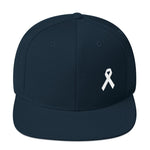 White Awareness Ribbon Flat Brim Snapback Hat