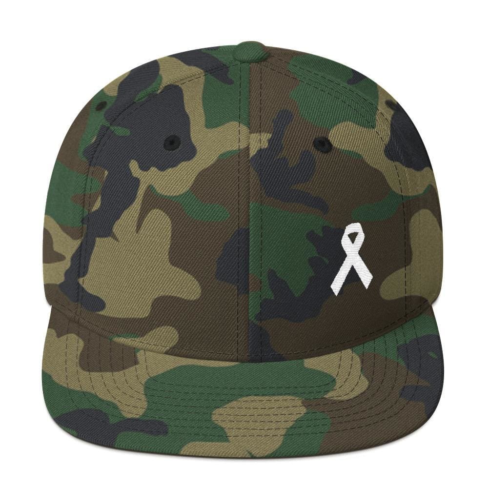 White Awareness Ribbon Flat Brim Snapback Hat - One-size / Green Camo - Hats