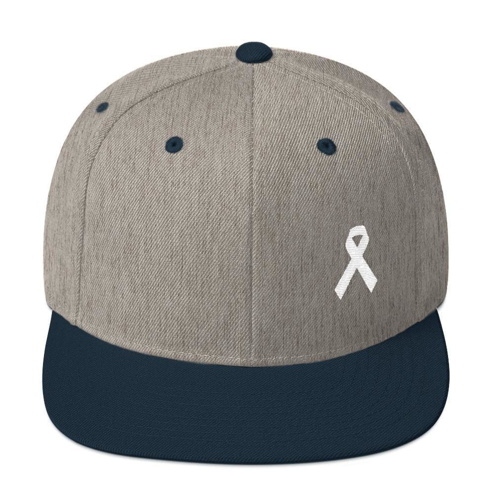 White Awareness Ribbon Flat Brim Snapback Hat - One-size / Heather Grey/ Navy - Hats