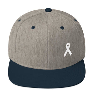 White Awareness Ribbon Flat Brim Snapback Hat - One-size / Heather Grey/ Navy - Hats