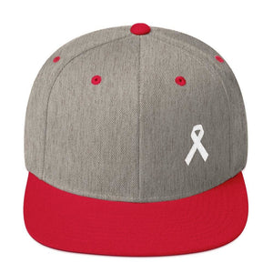 White Awareness Ribbon Flat Brim Snapback Hat - One-size / Heather Grey/ Red - Hats