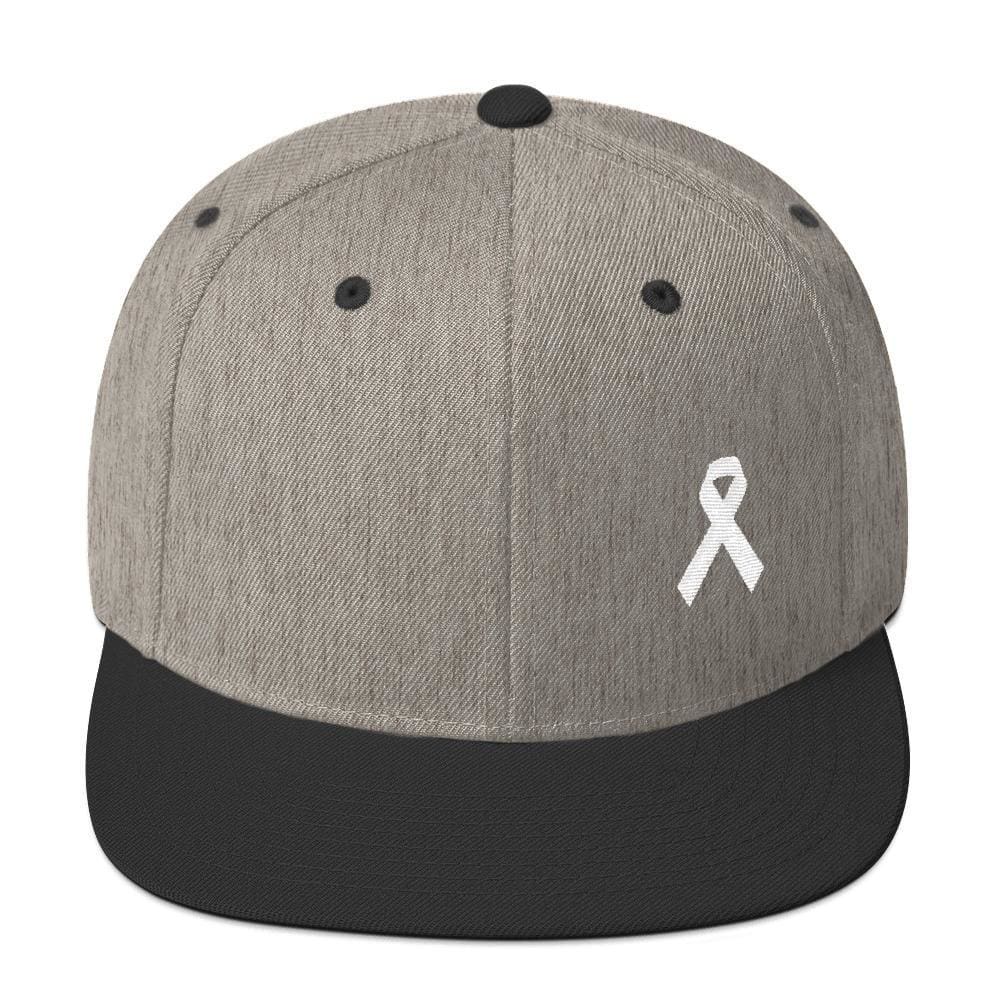White Awareness Ribbon Flat Brim Snapback Hat - One-size / Heather/Black - Hats