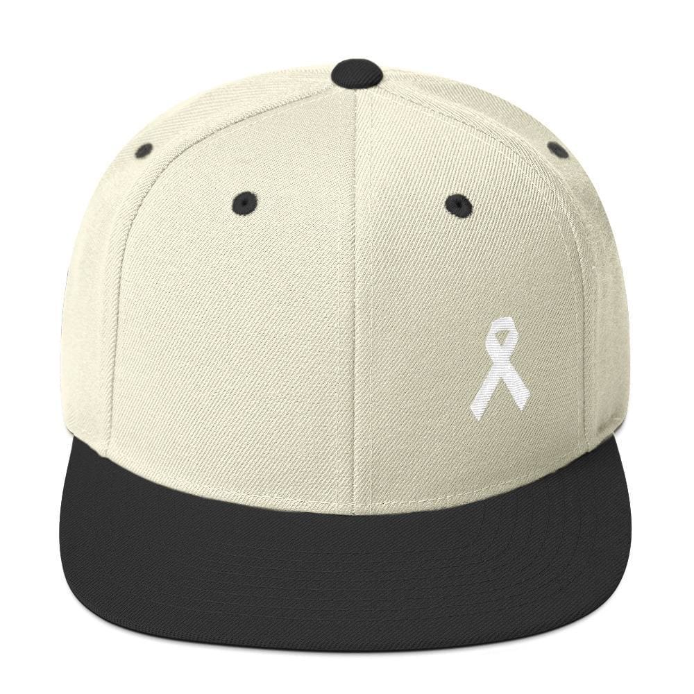 
            
                Load image into Gallery viewer, White Awareness Ribbon Flat Brim Snapback Hat - One-size / Natural/ Black - Hats
            
        