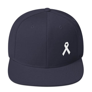 
            
                Load image into Gallery viewer, White Awareness Ribbon Flat Brim Snapback Hat - One-size / Navy - Hats
            
        