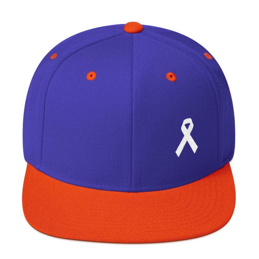 
            
                Load image into Gallery viewer, White Awareness Ribbon Flat Brim Snapback Hat - One-size / Royal/ Orange - Hats
            
        
