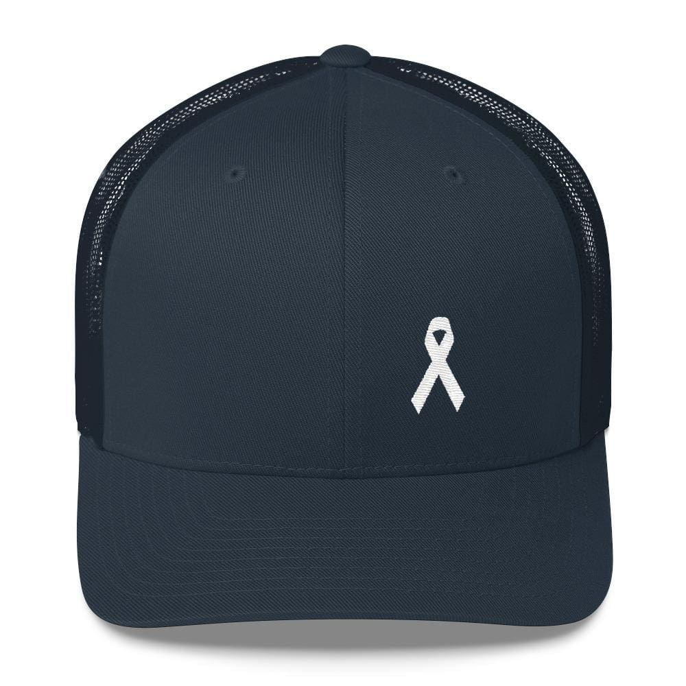 
            
                Load image into Gallery viewer, White Ribbon Awareness Snapback Trucker Hat - One-size / Navy - Hats
            
        