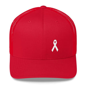 
            
                Load image into Gallery viewer, White Ribbon Awareness Snapback Trucker Hat - One-size / Red - Hats
            
        