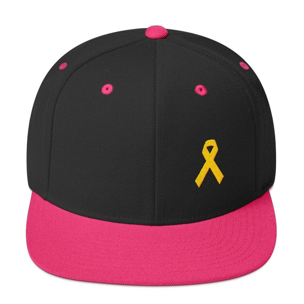 Yellow Awareness Ribbon Flat Brim Snapback Hat for Sarcoma Suicide Prevention & Military Causes - One-size / Black/ Neon Pink - Hats
