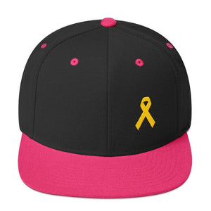 Yellow Awareness Ribbon Flat Brim Snapback Hat for Sarcoma Suicide Prevention & Military Causes - One-size / Black/ Neon Pink - Hats