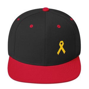
            
                Load image into Gallery viewer, Yellow Awareness Ribbon Flat Brim Snapback Hat for Sarcoma Suicide Prevention &amp;amp; Military Causes - One-size / Black/ Red - Hats
            
        