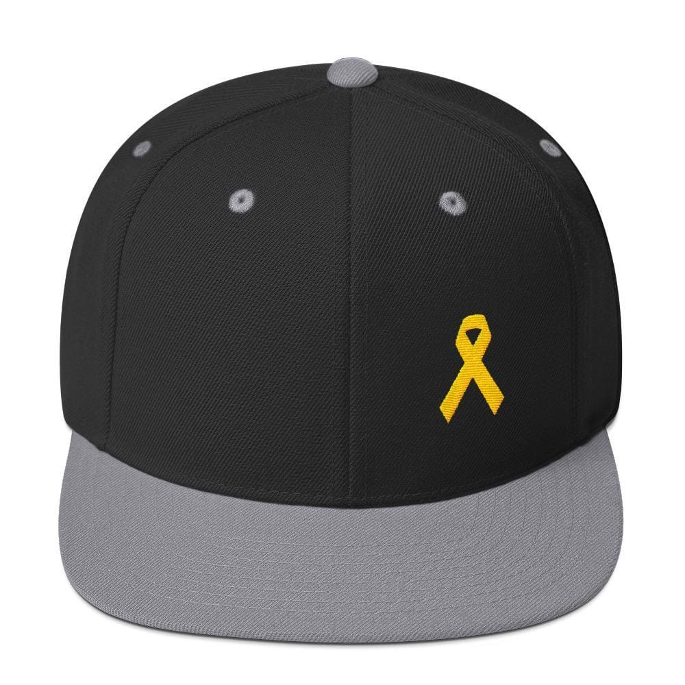 Yellow Awareness Ribbon Flat Brim Snapback Hat for Sarcoma Suicide Prevention & Military Causes - One-size / Black/ Silver - Hats