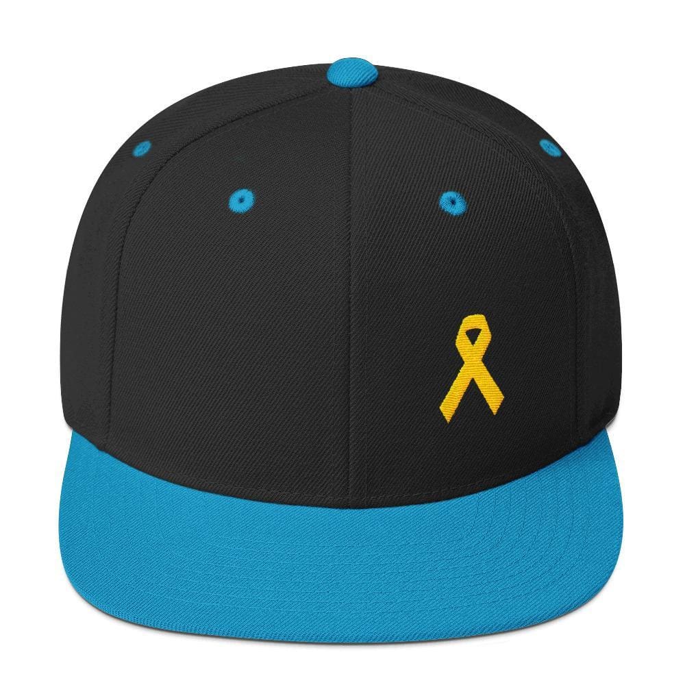 Yellow Awareness Ribbon Flat Brim Snapback Hat for Sarcoma Suicide Prevention & Military Causes - One-size / Black/ Teal - Hats