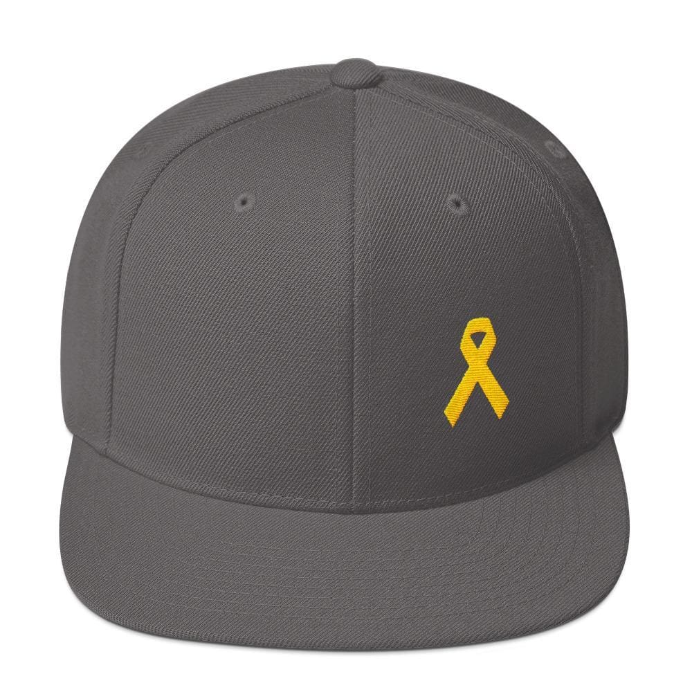 Yellow Awareness Ribbon Flat Brim Snapback Hat for Sarcoma Suicide Prevention & Military Causes - One-size / Dark Grey - Hats
