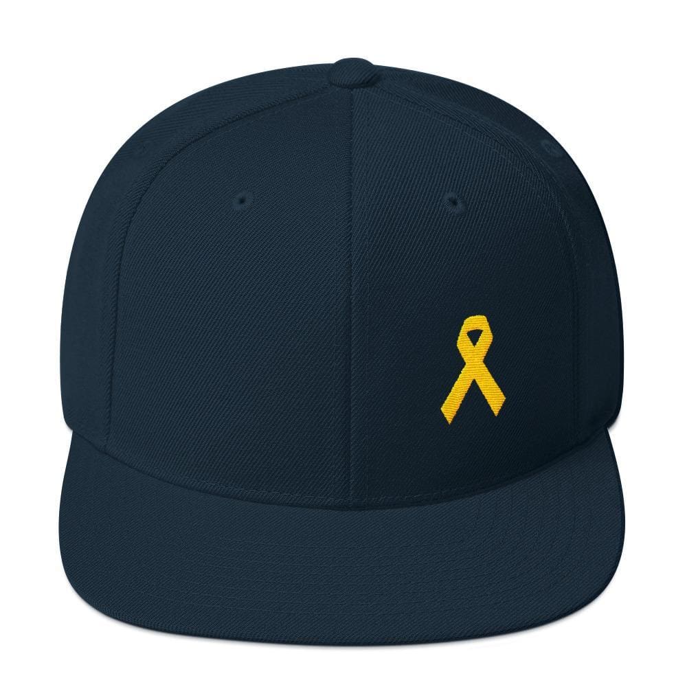 Yellow Awareness Ribbon Flat Brim Snapback Hat for Sarcoma Suicide Prevention & Military Causes - One-size / Dark Navy - Hats