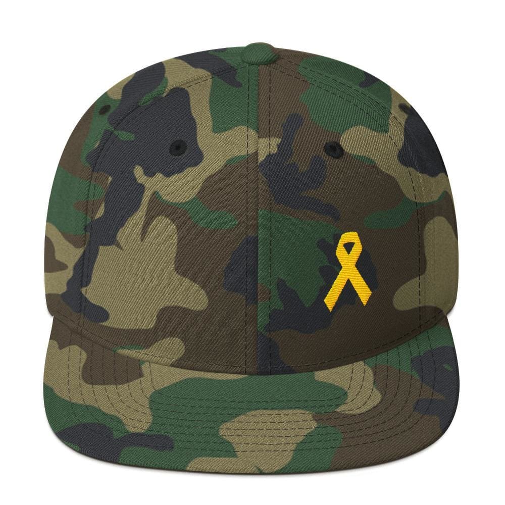 Yellow Awareness Ribbon Flat Brim Snapback Hat for Sarcoma Suicide Prevention & Military Causes - One-size / Green Camo - Hats