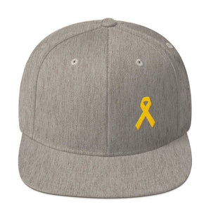 
            
                Load image into Gallery viewer, Yellow Awareness Ribbon Flat Brim Snapback Hat for Sarcoma Suicide Prevention &amp;amp; Military Causes - One-size / Heather Grey - Hats
            
        