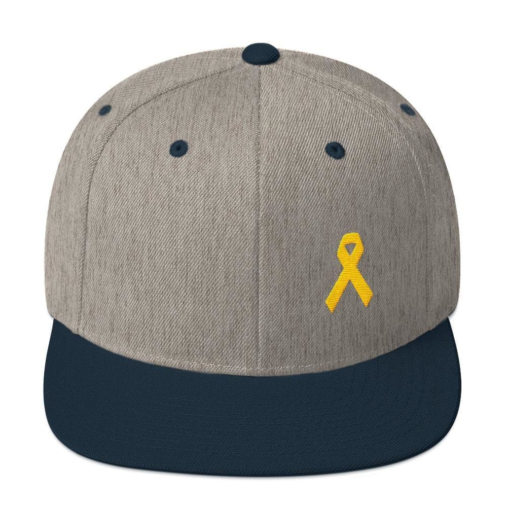 
            
                Load image into Gallery viewer, Yellow Awareness Ribbon Flat Brim Snapback Hat for Sarcoma Suicide Prevention &amp;amp; Military Causes - One-size / Heather Grey/ Navy - Hats
            
        